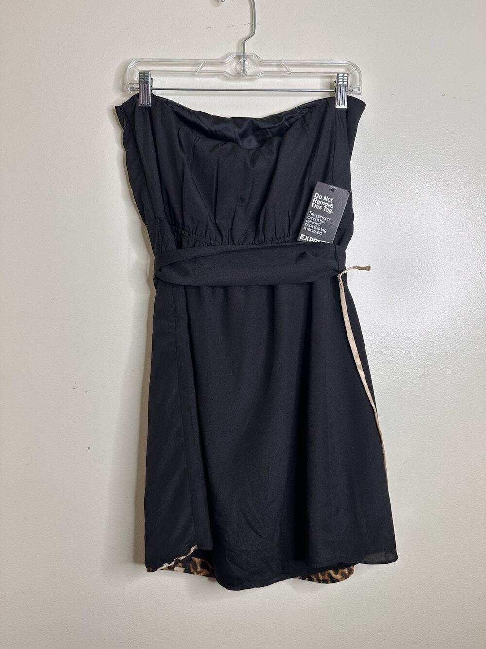 Express NEW Size 12 Black Mini Dress Strapless Peekaboo Leopard Print Belted